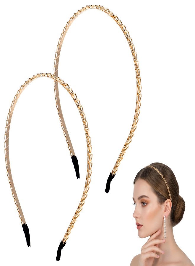 DOPENSPI 2PCS Gold Thin Hairbands, Metal Gold Cable Chaplet Chain Headband Non Slip Golden Headband for Women Golden Hair Accessories for Women Girls - Image 1